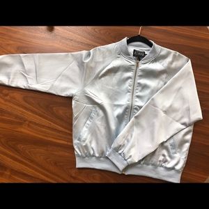 S/M light blue satin bomber jacket by Rehab (new)